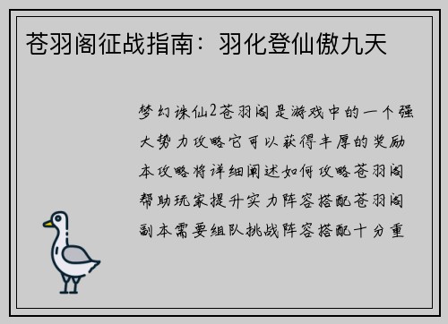 苍羽阁征战指南：羽化登仙傲九天